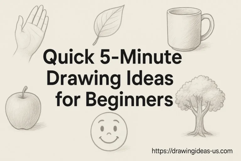 A collection of beginner-friendly sketch ideas, including a hand, leaf, mug, apple, smiley face, and tree—perfect for Quick 5-Minute Drawing Ideas for Beginners