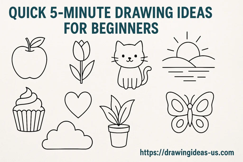A collection of beginner-friendly sketch ideas, including a hand, leaf, mug, apple, smiley face, and tree—perfect for Quick 5-Minute Drawing Ideas for Beginners