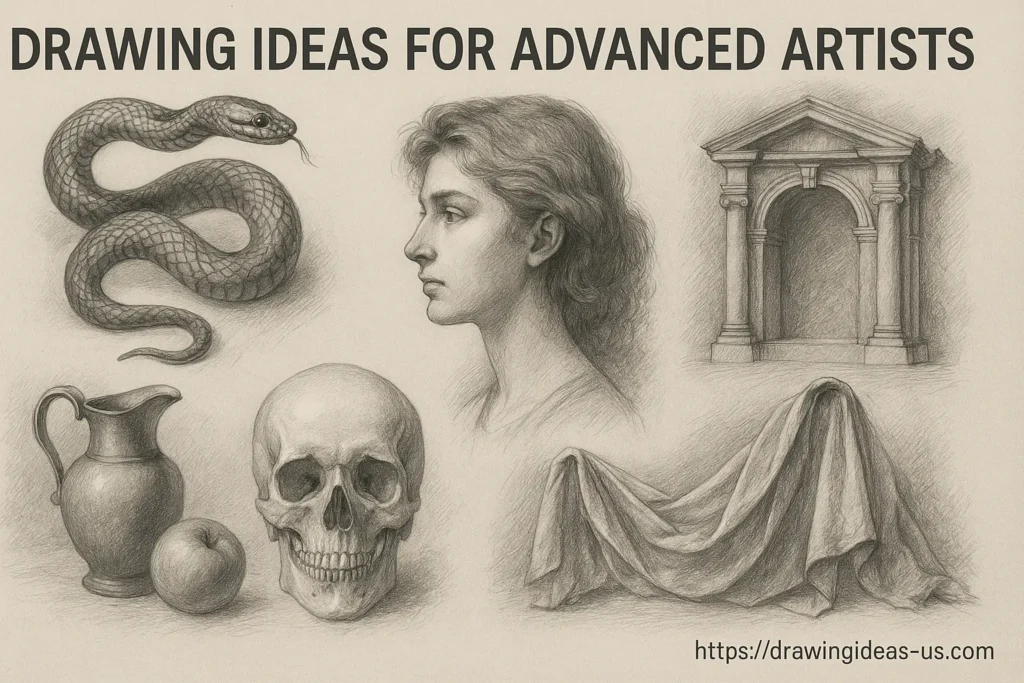 A collection of advanced drawing ideas including a realistic snake, portrait, skull, architecture, and draped fabric, perfect for skilled artists.