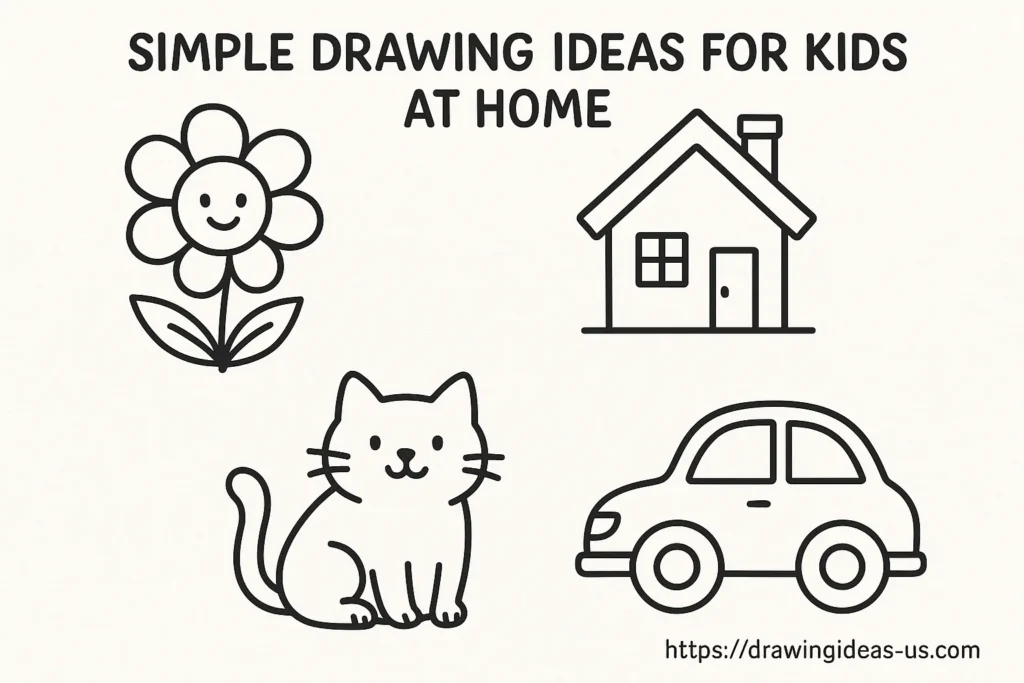 Illustration of Simple Drawing Ideas for Kids at Home, featuring fun elements like sun, tree, fish, butterfly, and flower on a light background.